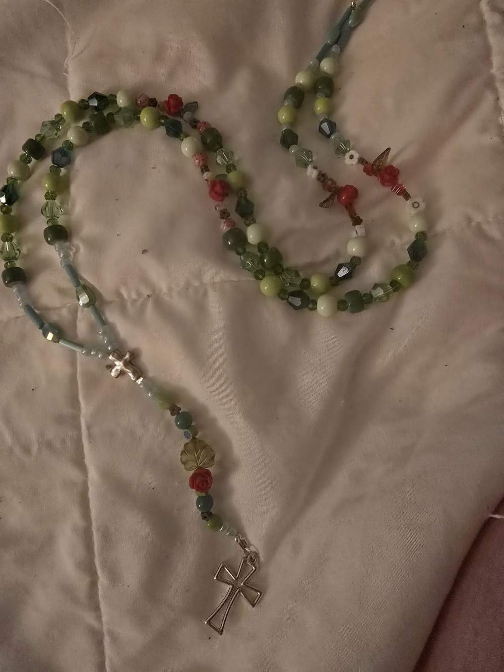 Handmade Rosary Green and Red Beaded Cross Necklace